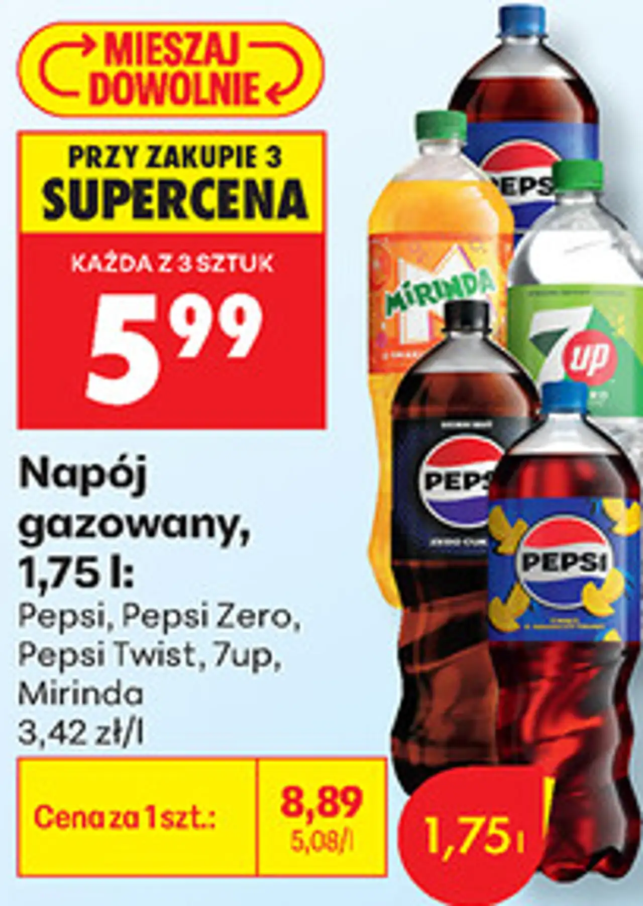 Napój gazowany Pepsi, Pepsi Zero, Pepsi Twist, 7up, Mirinda 1,75 l