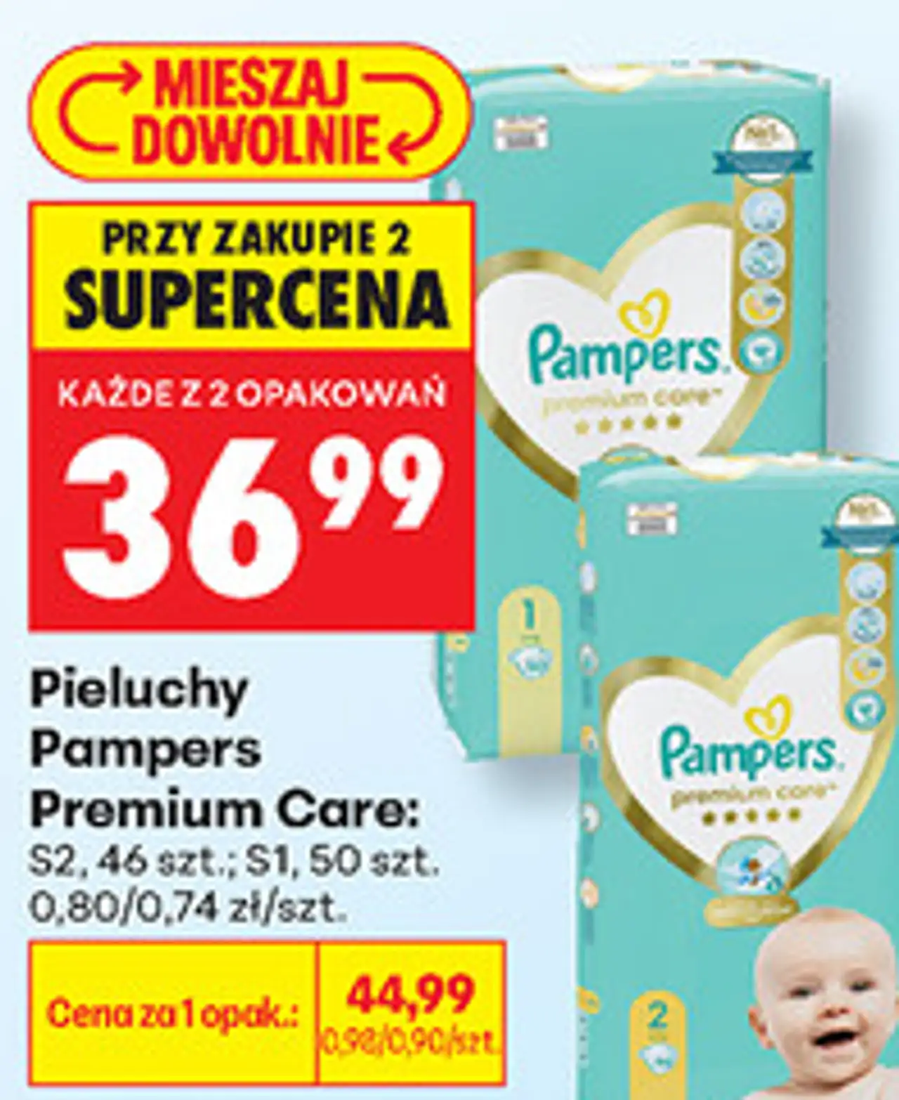 Pieluchy Pampers Premium Care: S2, 46 szt., S1, 50 szt.