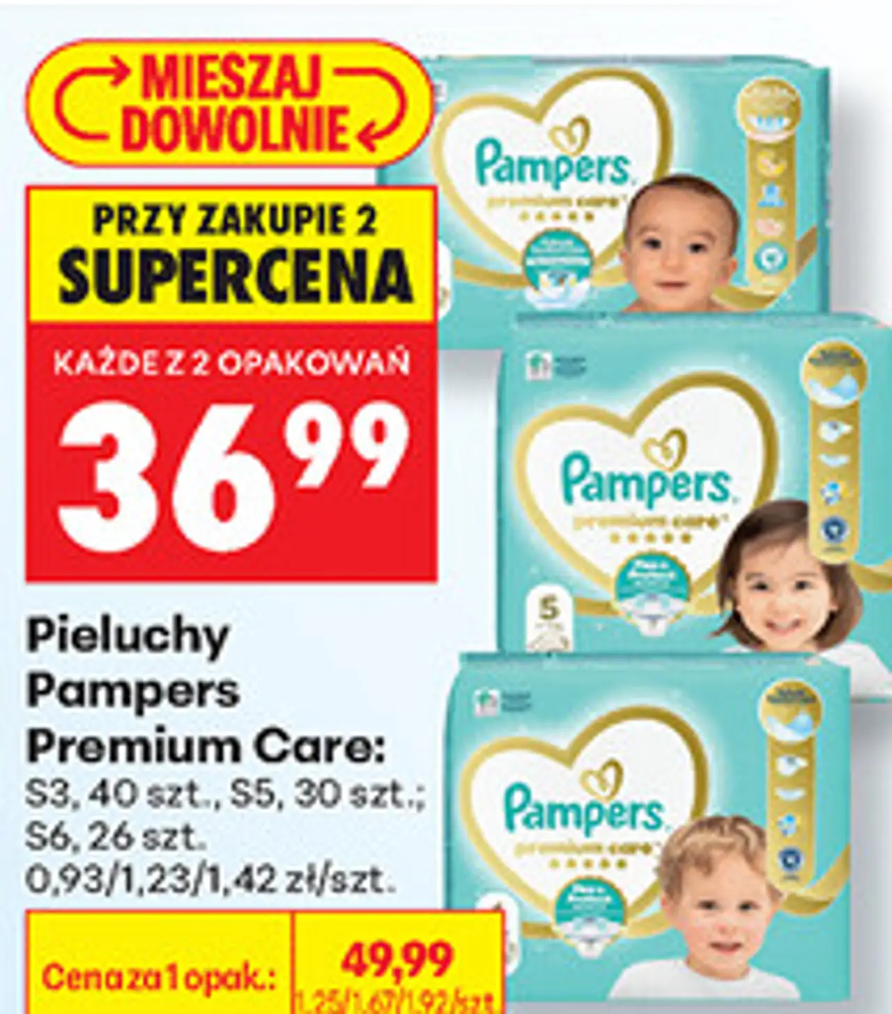 Pieluchy Pampers Premium Care: S3, 40 szt., S5, 30 szt., S6, 26 szt.