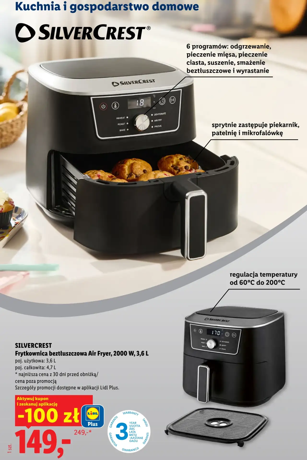 SILVERCREST Frytkownica beztłuszczowa Air Fryer, 2000 W, 3,6 L