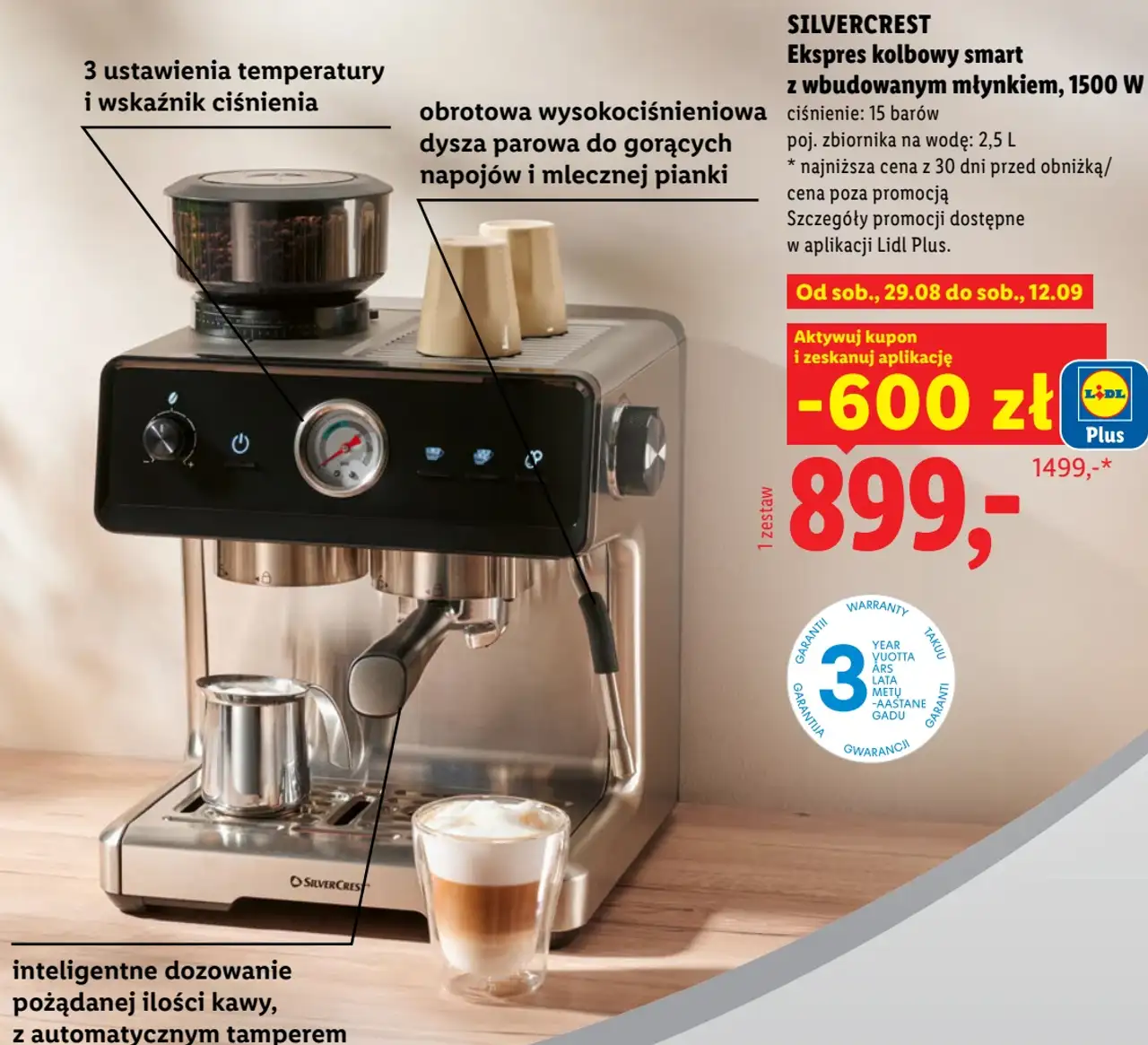 SILVERCREST Ekspres kolbowy smart z wbudowanym młynkiem, 1500 W
