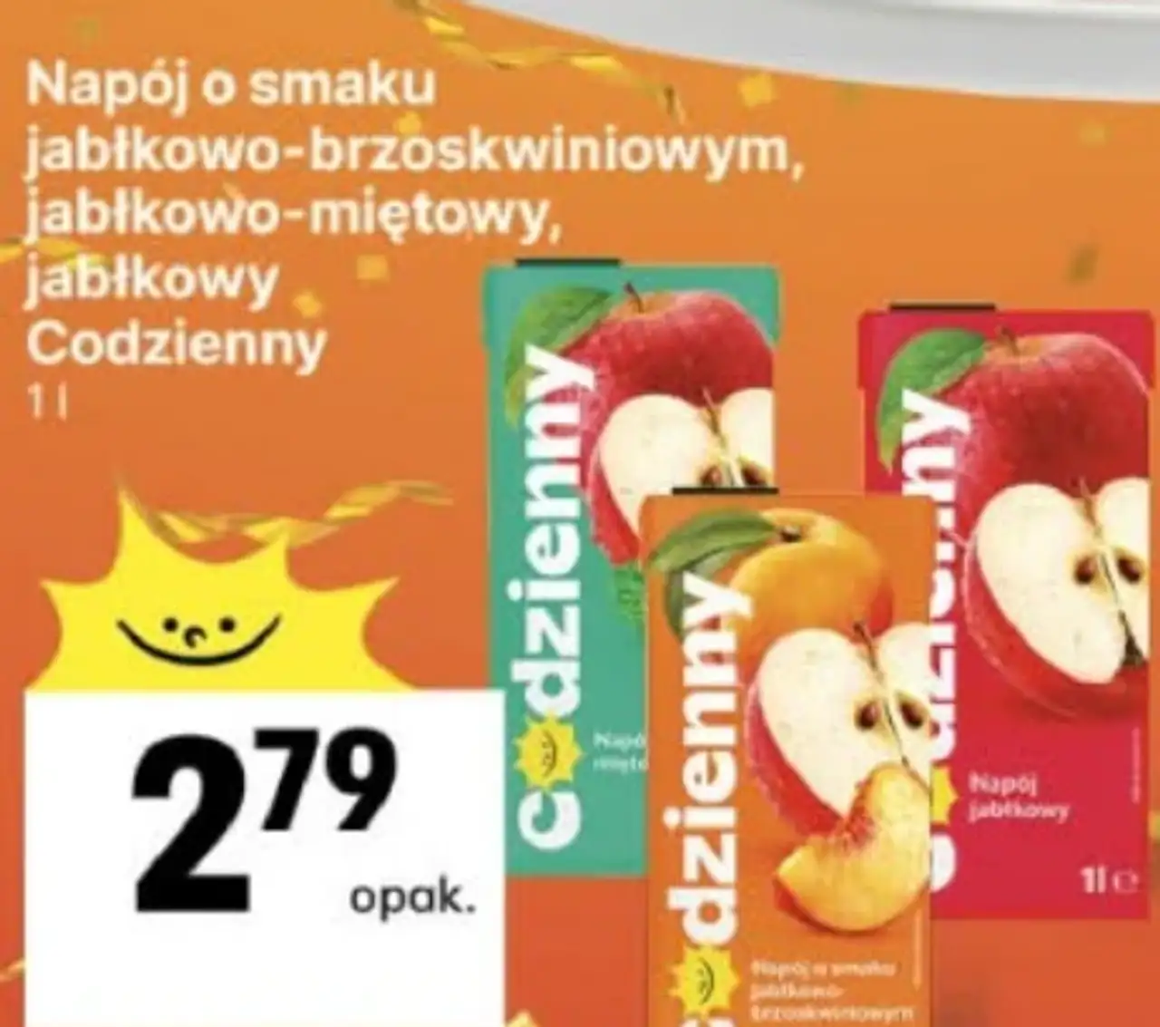 Napój o smaku jabłkowo-brzoskwiniowym, jabłkowo-miętowym lub jabłkowym Codzienny