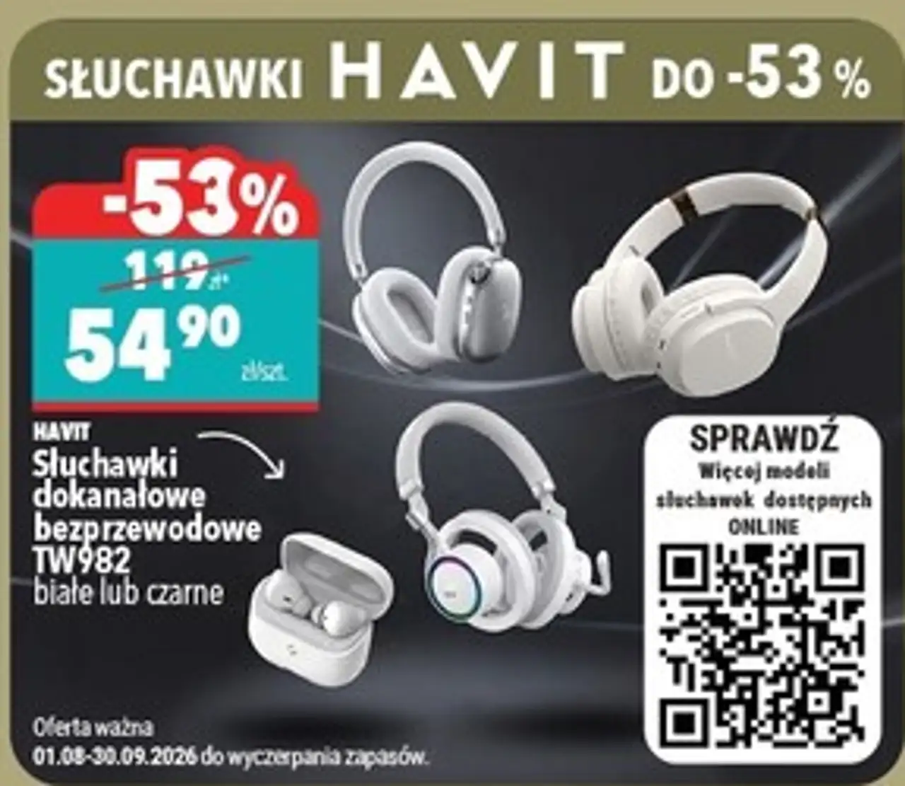 Słuchawki dokanałowe bezprzewodowe Havit TW982 białe lub czarne
