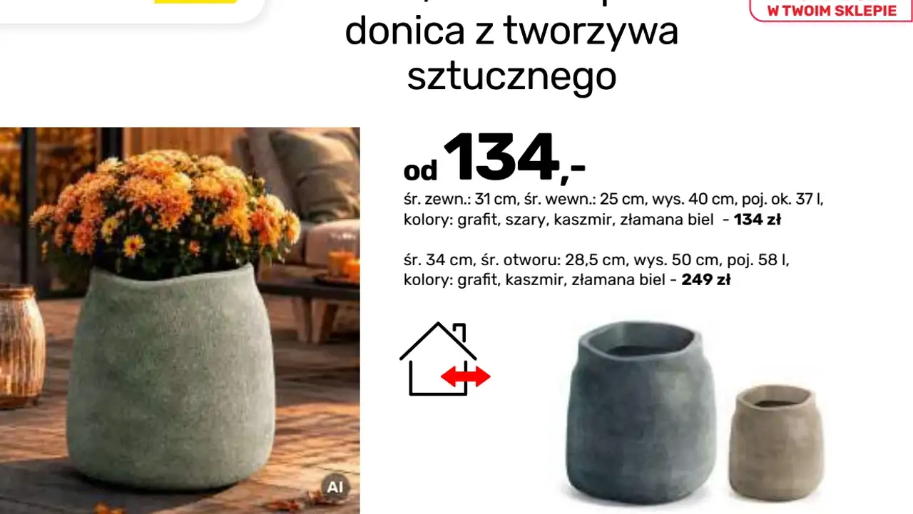 Lekka, mrozoodporna donica z tworzywa sztucznego śr. zewn. 31 cm / 34 cm