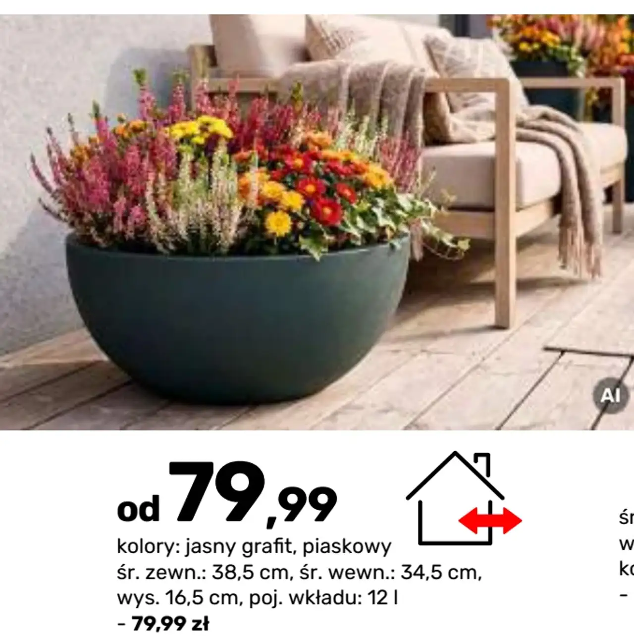 Lekka, mrozoodporna donica z tworzywa sztucznego, śr 38,5 cm