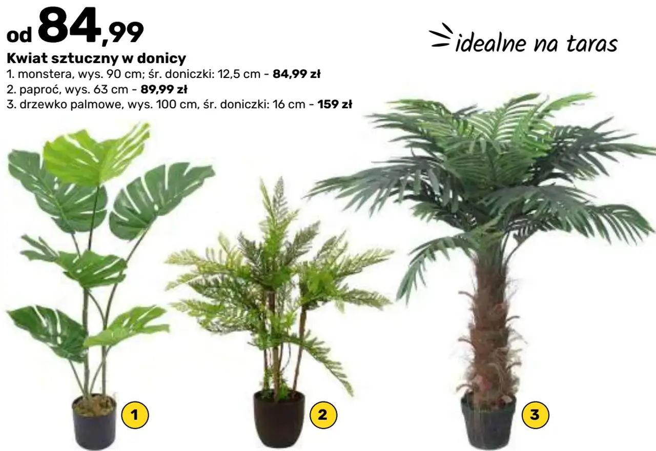 Kwiat sztuczny w donicy (monstera, paproć, drzewko palmowe)