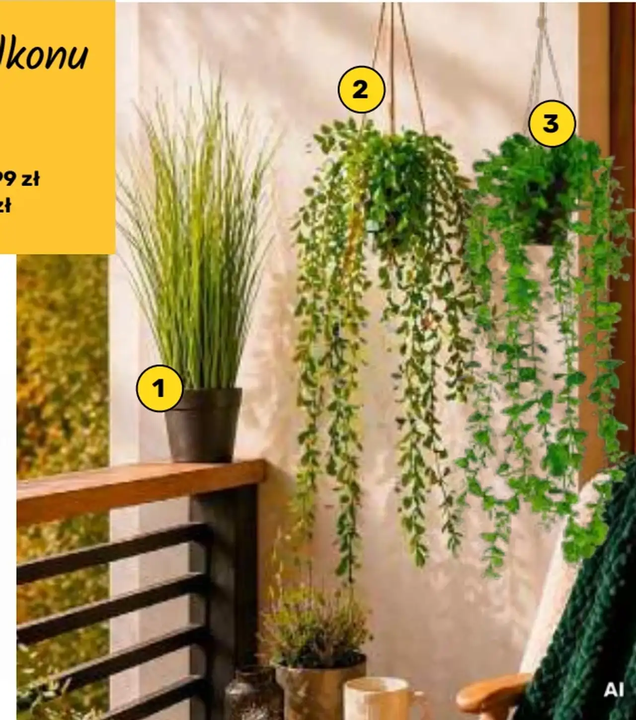 Kwiat sztuczny (trawa ozdobna, zwisający eukaliptus, zwisający dischidia)