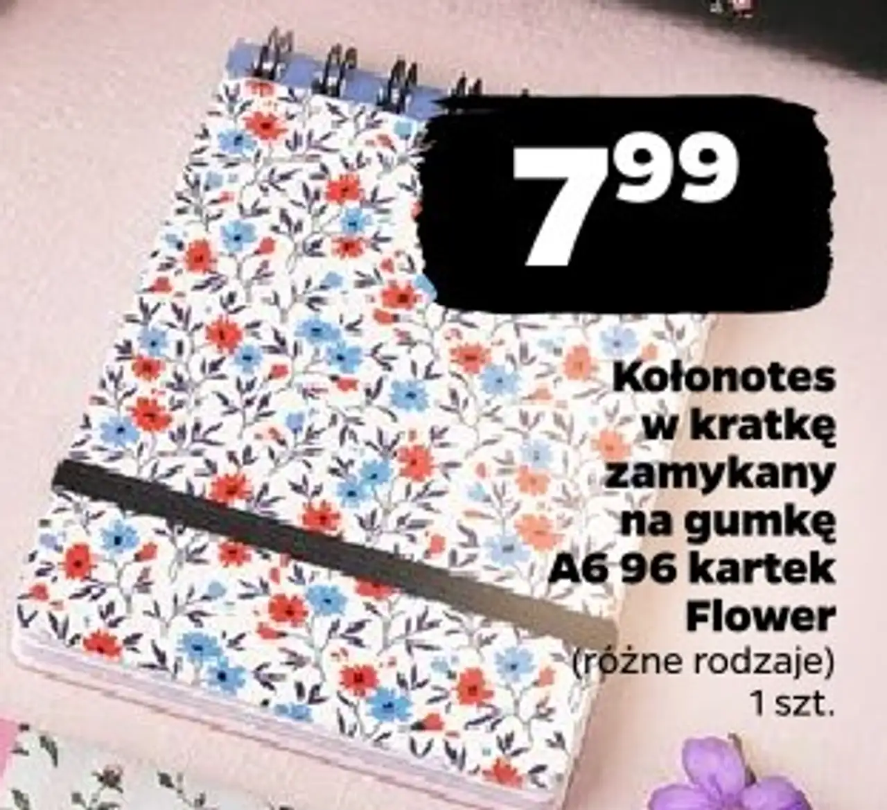 Kołonotes w kratkę zamykany na gumkę A6 96 kartek Flower Beniamin (różne rodzaje)