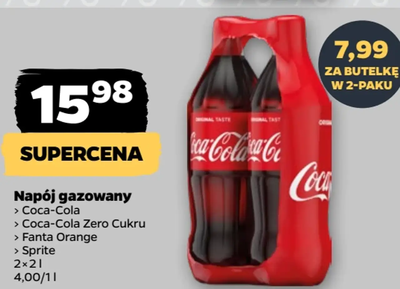 Napój gazowany Coca-Cola, Coca-Cola Zero Cukru, Fanta Orange, Sprite 2x2 L