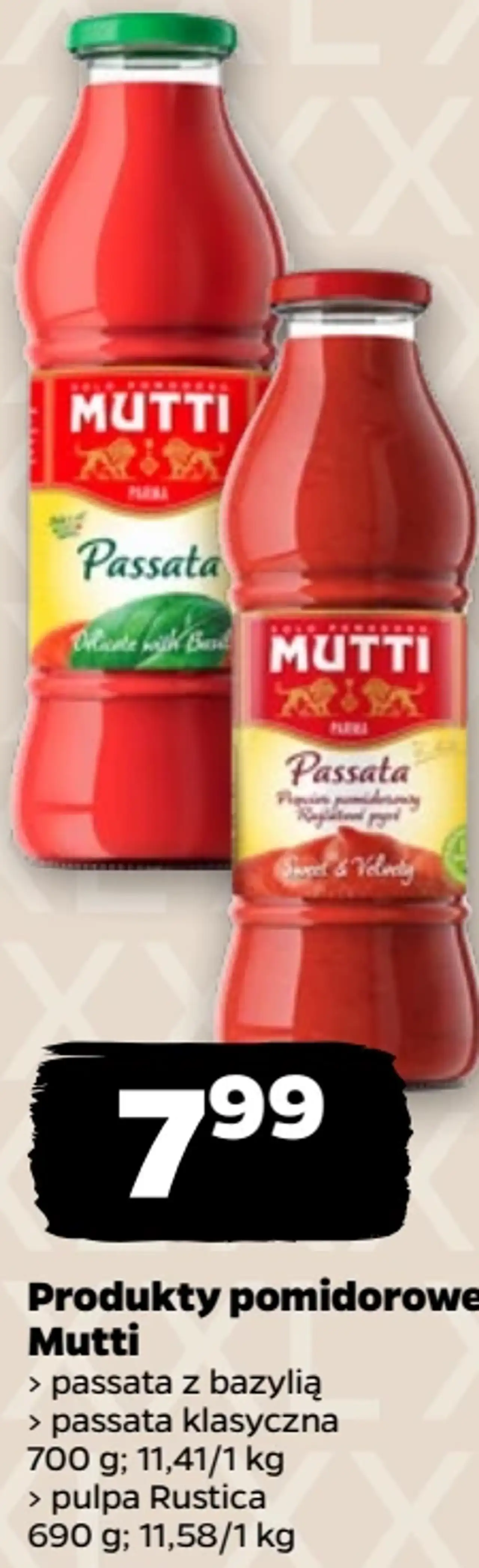 Produkty pomidorowe Mutti (passata z bazylią, passata klasyczna, pulpa Rustica)