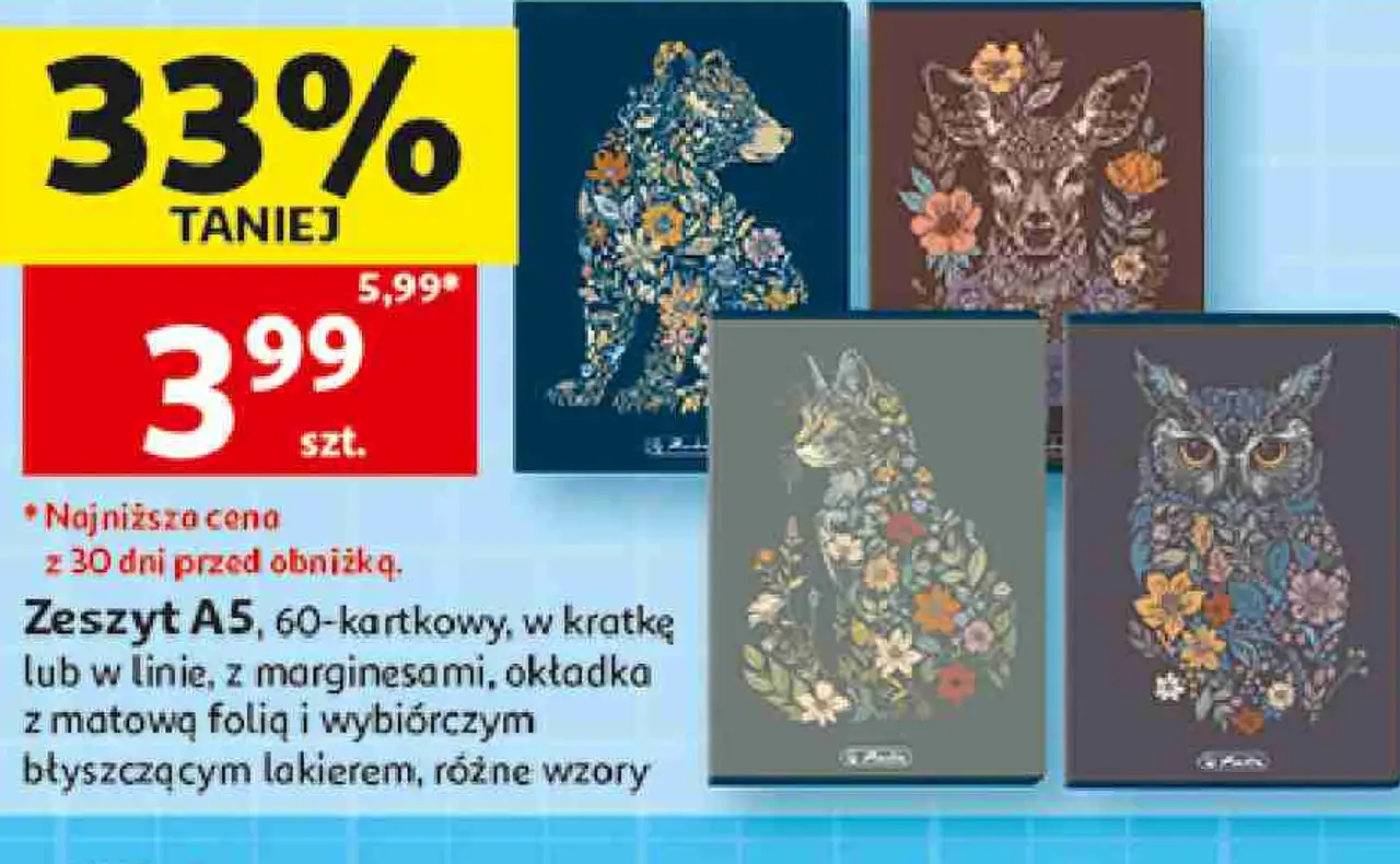 Zeszyt A5, 60-kartkowy, w kratkę lub w linie, z marginesami, okładka z matową folią i wybiórczym błyszczącym lakierem, różne wzory