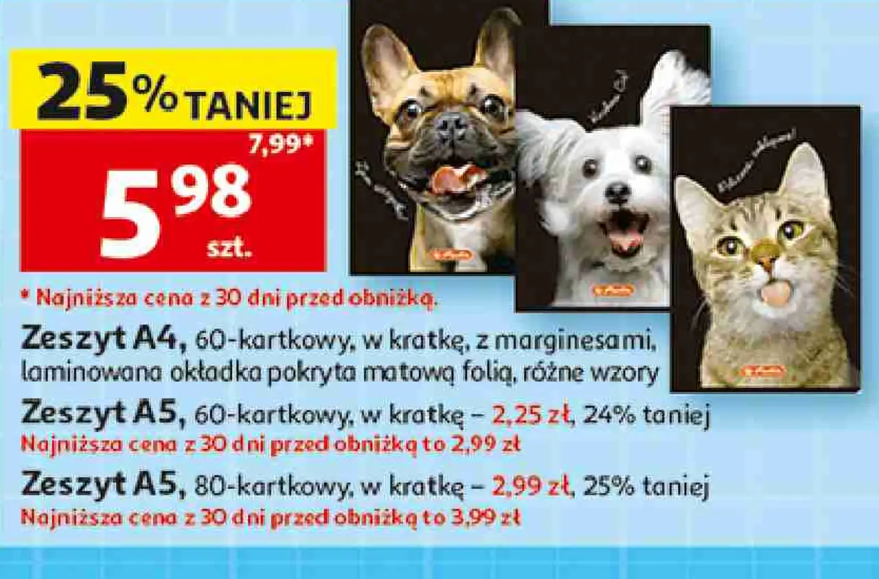 Zeszyt A4, 60-kartkowy, w kratkę, z marginesami, laminowana okładka pokryta matową folią, różne wzory