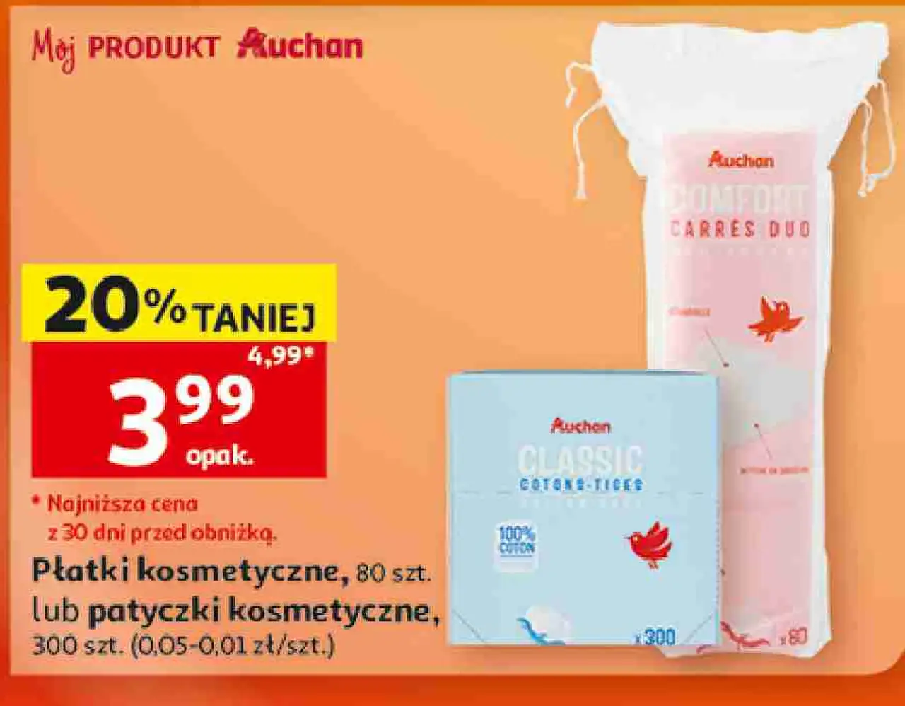 Płatki kosmetyczne, 80 szt. lub patyczki kosmetyczne, 300 szt. Auchan