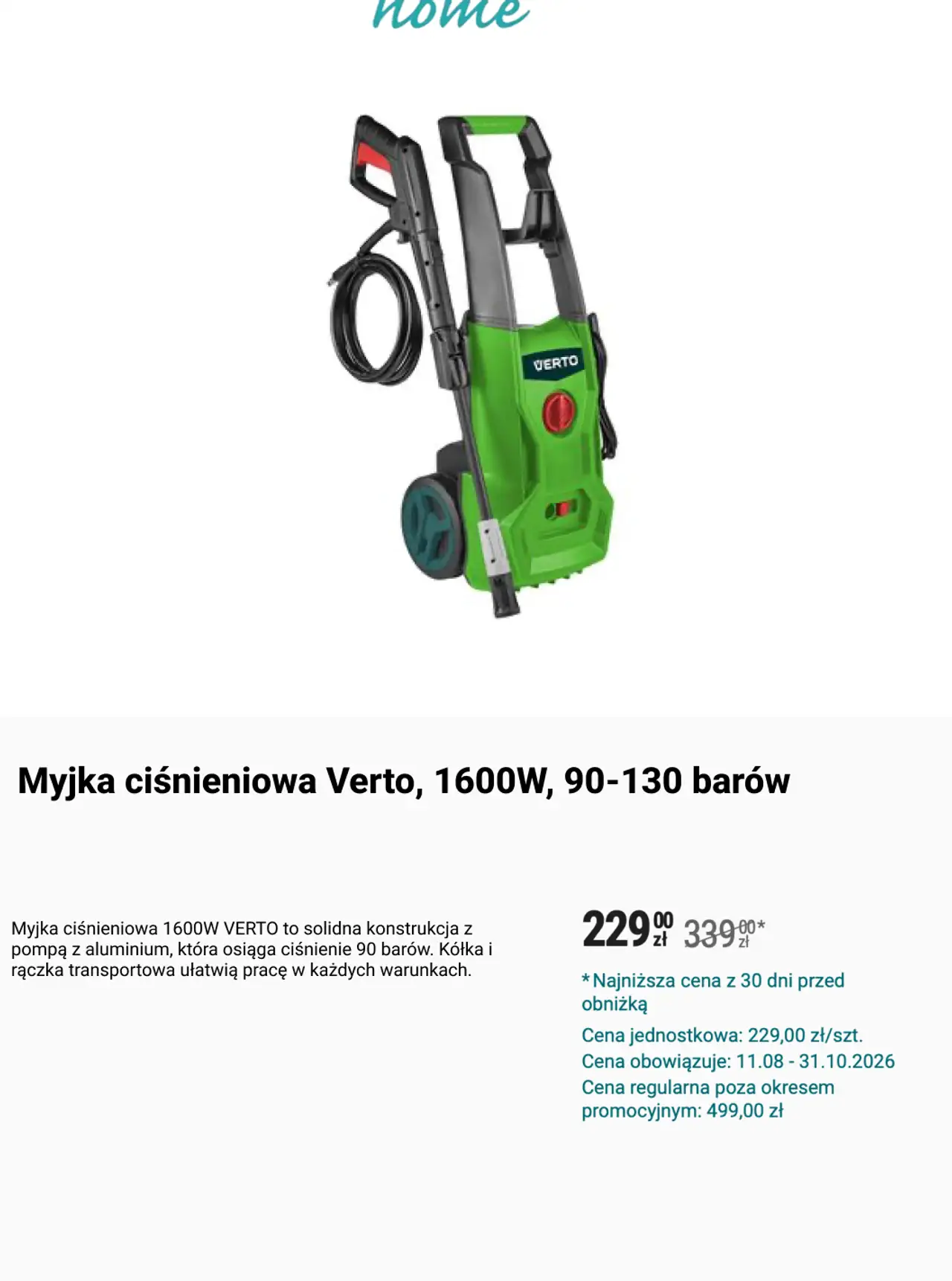 Myjka ciśnieniowa Verto, 1600W, 90-130 barów