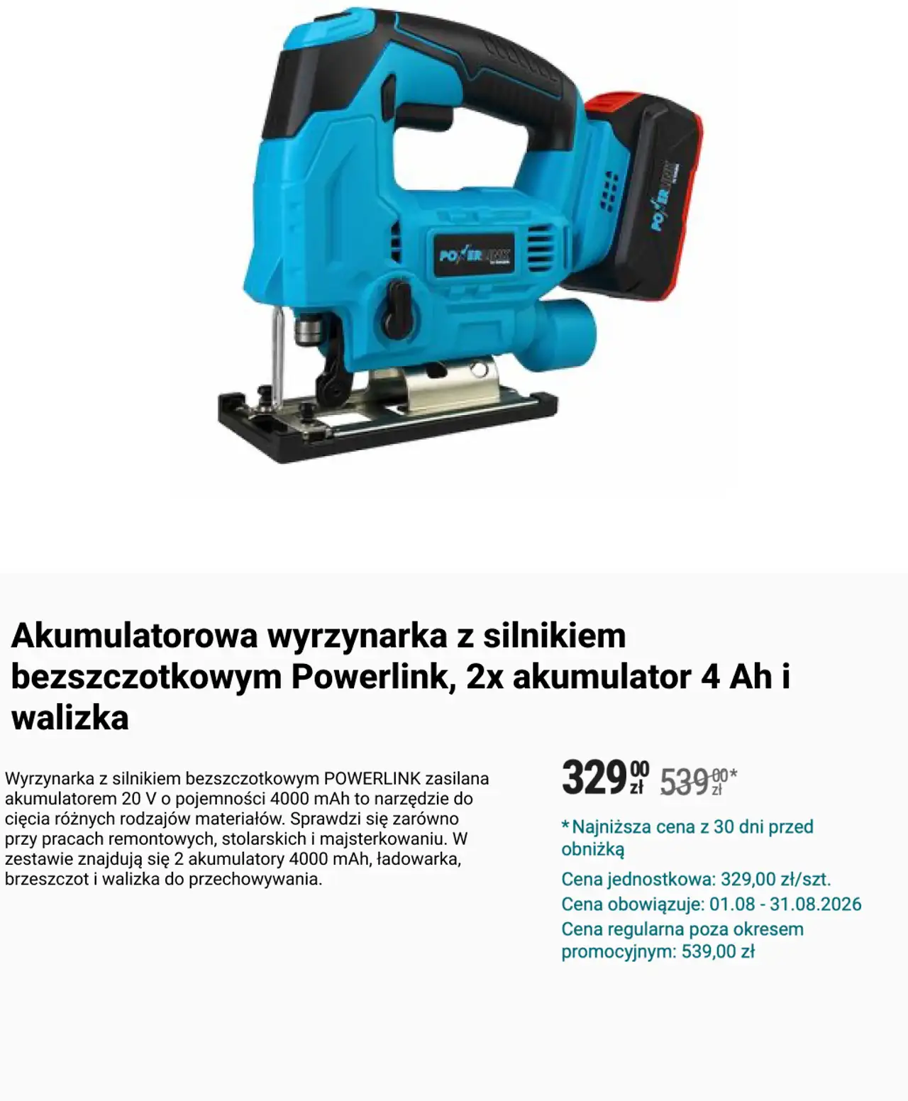 Akumulatorowa wyrzynarka z silnikiem bezszczotkowym Powerlink, 2x akumulator 4 Ah i walizka