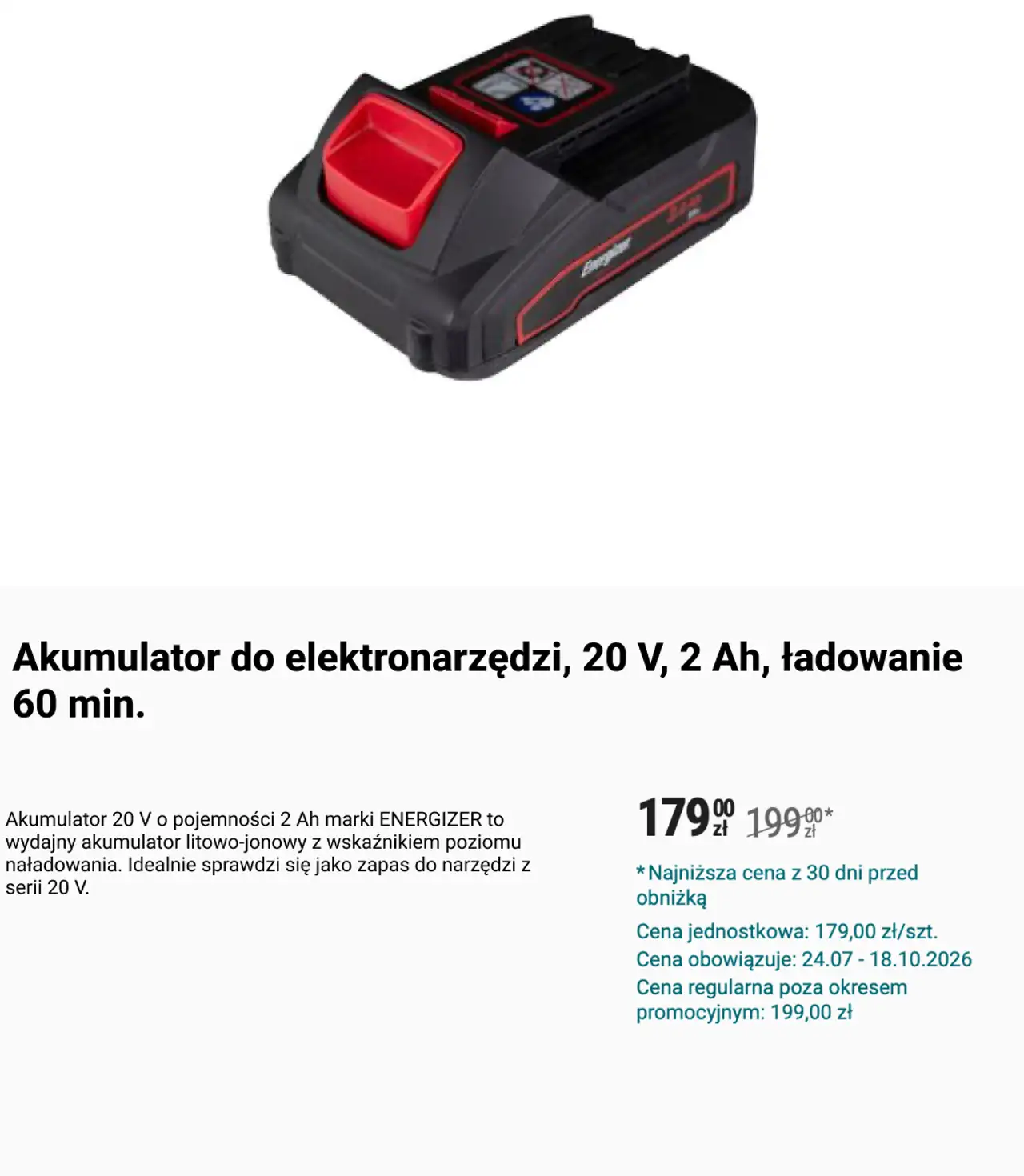Akumulator do elektronarzędzi Energizer 20 V, 2 Ah, ładowanie 60 min.