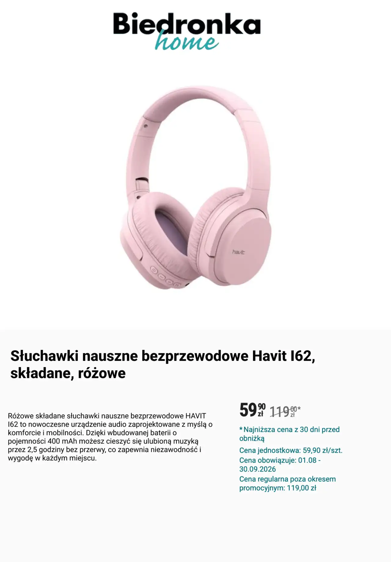 Słuchawki nauszne bezprzewodowe Havit l62, składane, różowe
