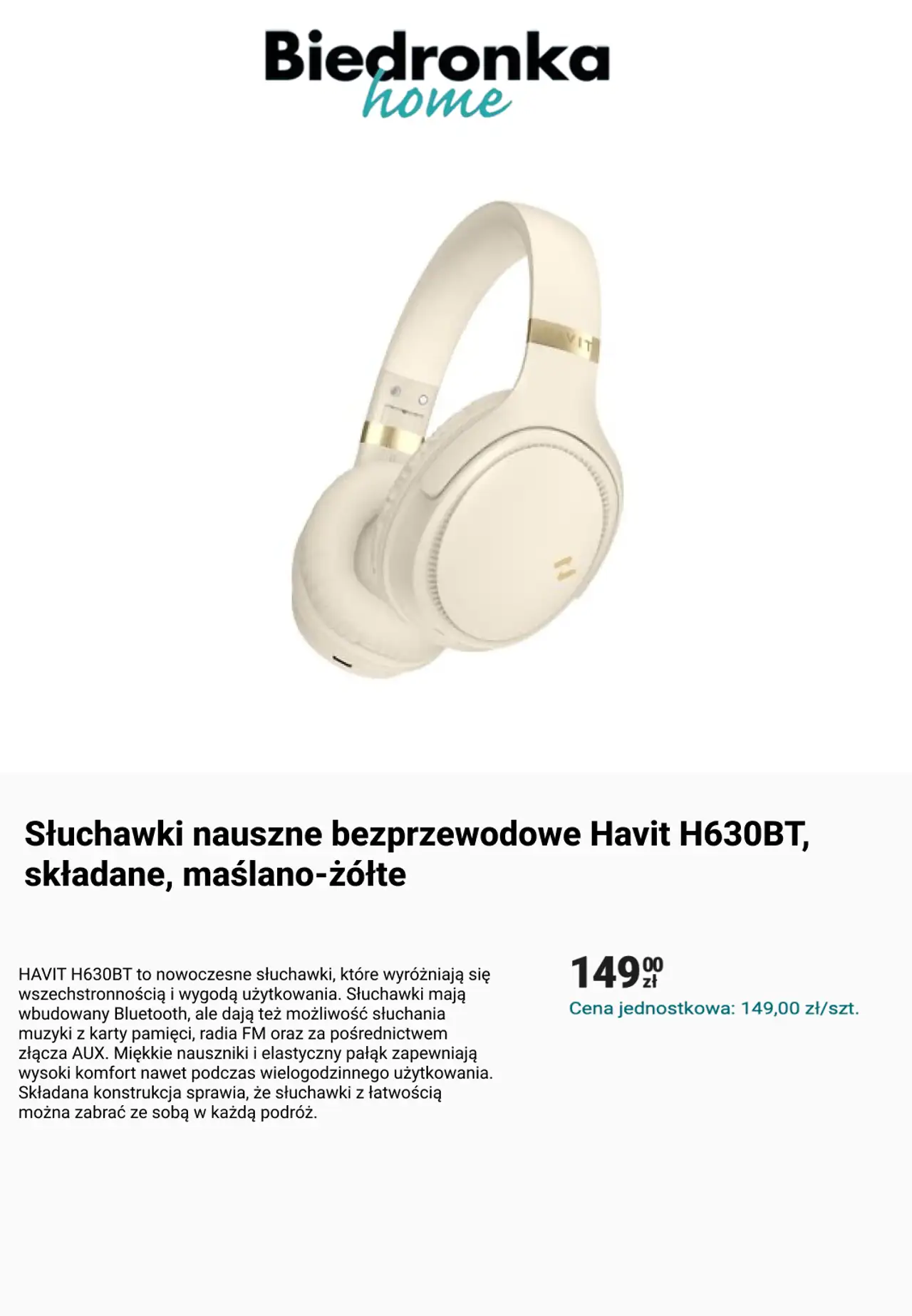 Słuchawki nauszne bezprzewodowe Havit H630BT, składane, maślano-żółte