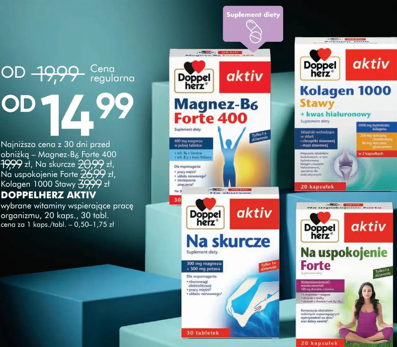 Doppelherz aktiv suplementy diety (Magnez-B6 Forte 400, Na skurcze, Na uspokojenie Forte, Kolagen 1000 Stawy)
