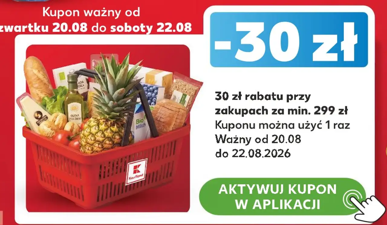 Kupon -30 zł rabatu przy zakupach za min. 299 zł z aplikacją Kaufland Card