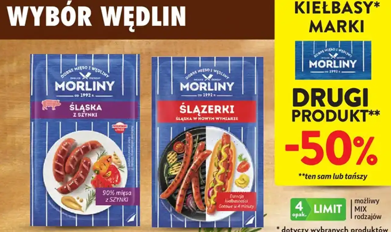 Kiełbasy marki Morliny (Śląska z szynki, Ślązerki)