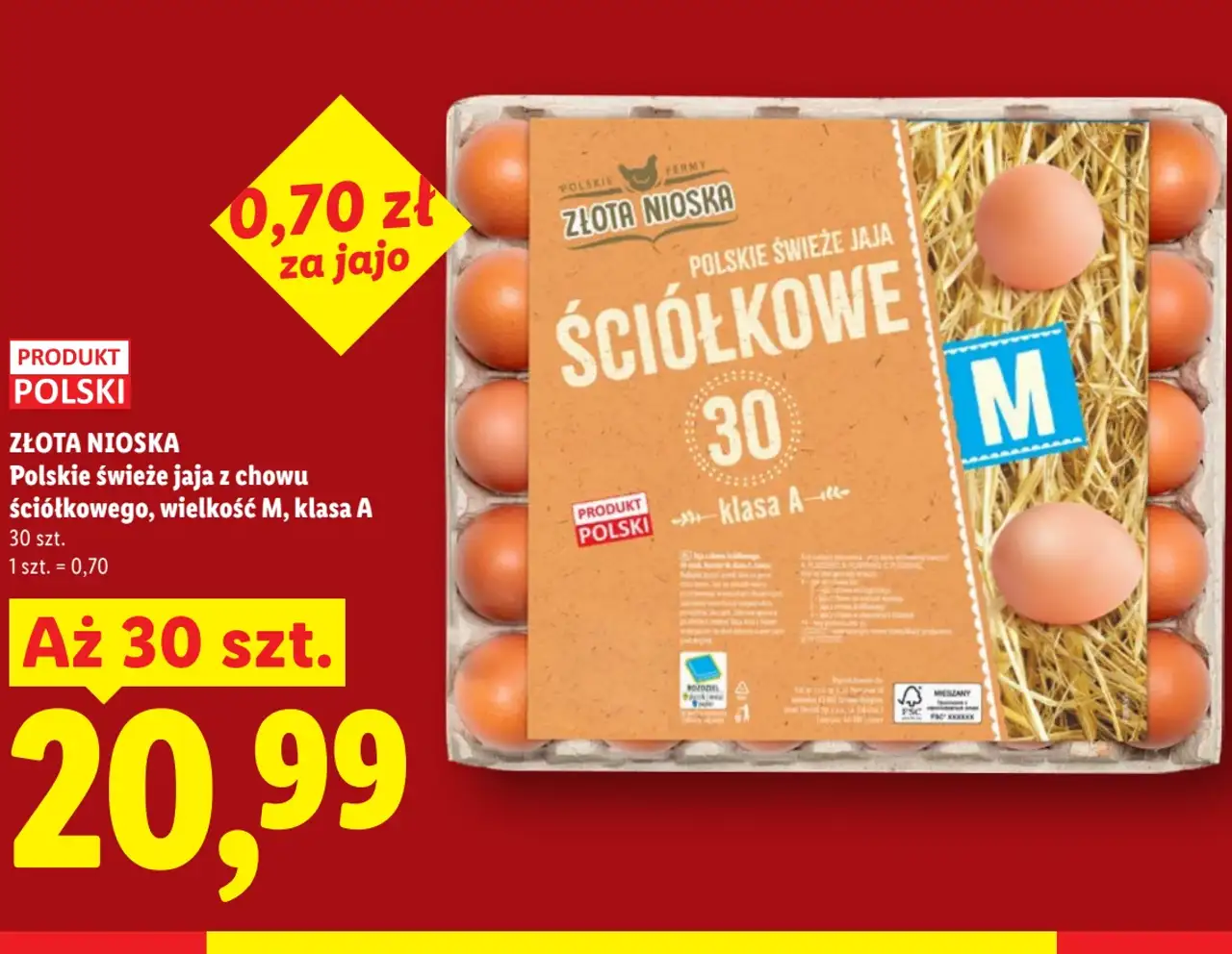 Złota Nioska Polskie świeże jaja z chowu ściółkowego, wielkość M, klasa A