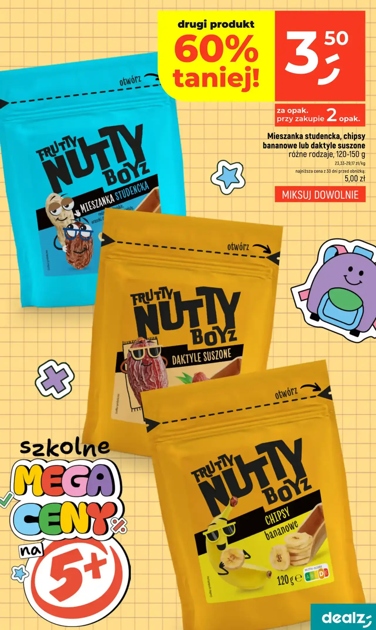 Mieszanka studencka, chipsy bananowe lub daktyle suszone Frutty Nutty Boyz