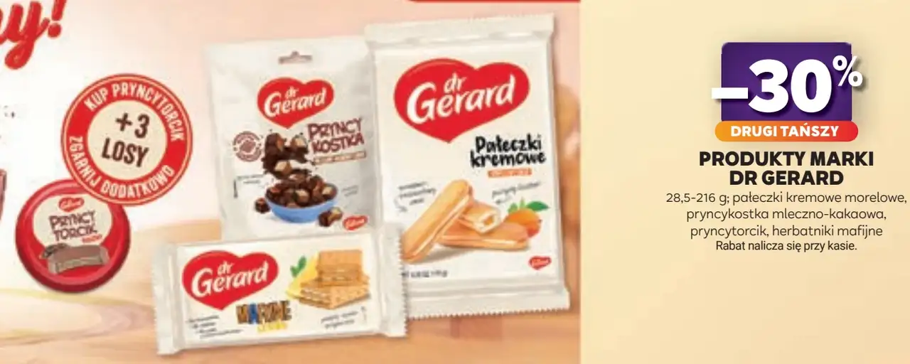 Produkty marki Dr Gerard (pałeczki kremowe morelowe, pryncypostka mleczno-kakaowa, pryncytorcik, herbatniki mafijne)