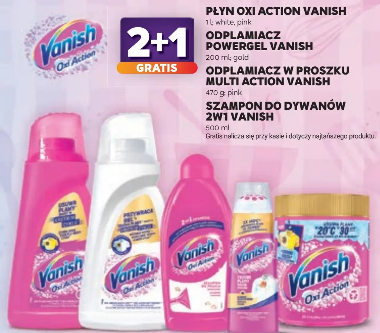 Produkty marki Vanish (Oxi Action, Powergel, Multi Action, Szampon do dywanów 2w1)