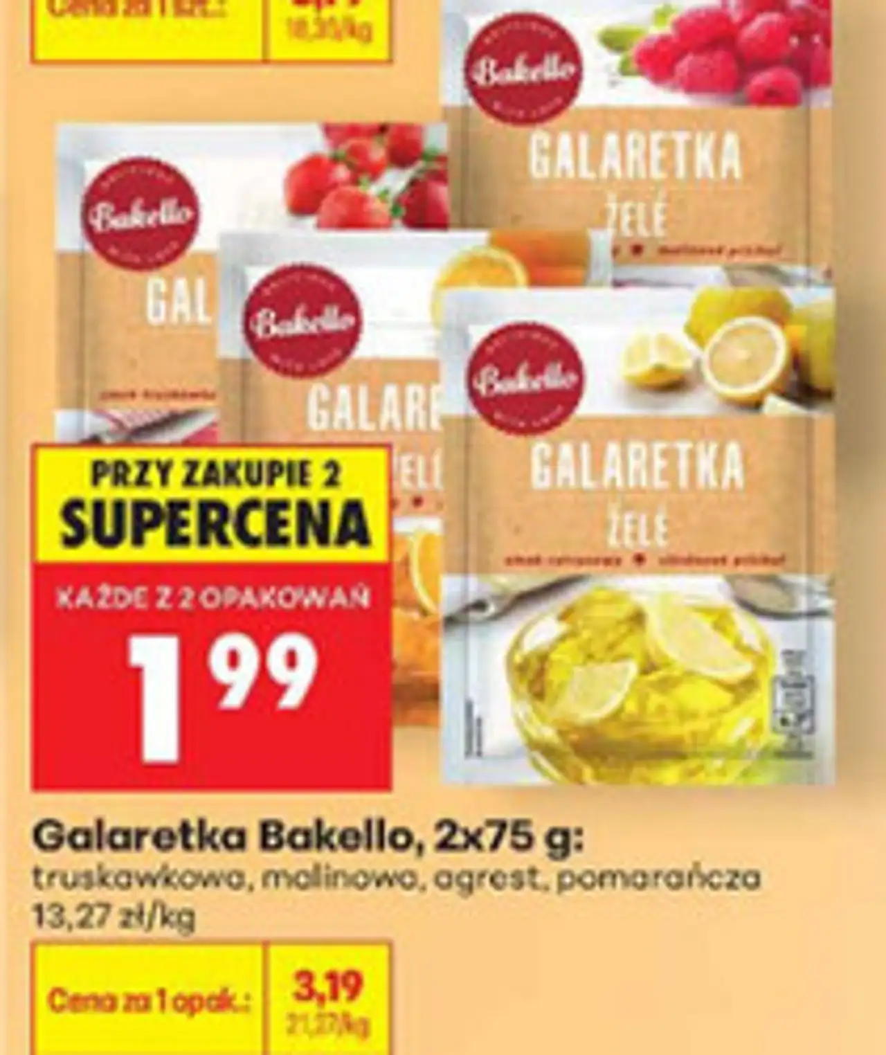 Galaretka Bakello, 2x75 g: truskawkowa, malinowa, agrest, pomarańczowa