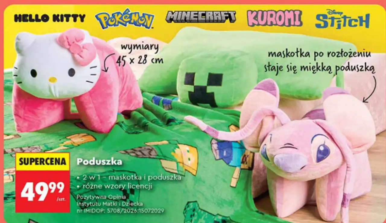 Poduszka maskotka 2 w 1 Hello Kitty / Pokémon / Minecraft / Kuromi / Stitch