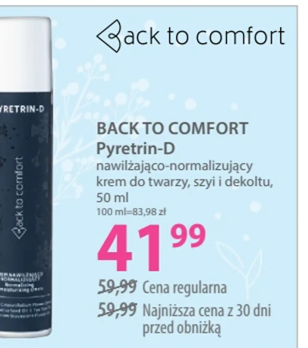BACK TO COMFORT Pyretrin-D nawilżająco-normalizujący krem do twarzy, szyi i dekoltu