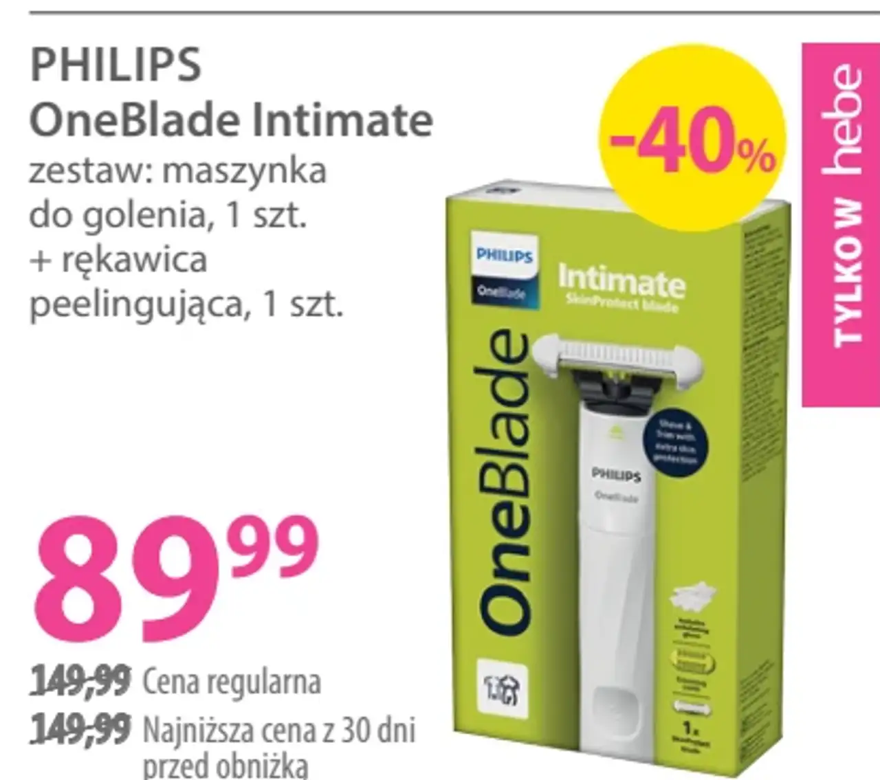 PHILIPS OneBlade Intimate zestaw: maszynka do golenia + rękawica peelingująca