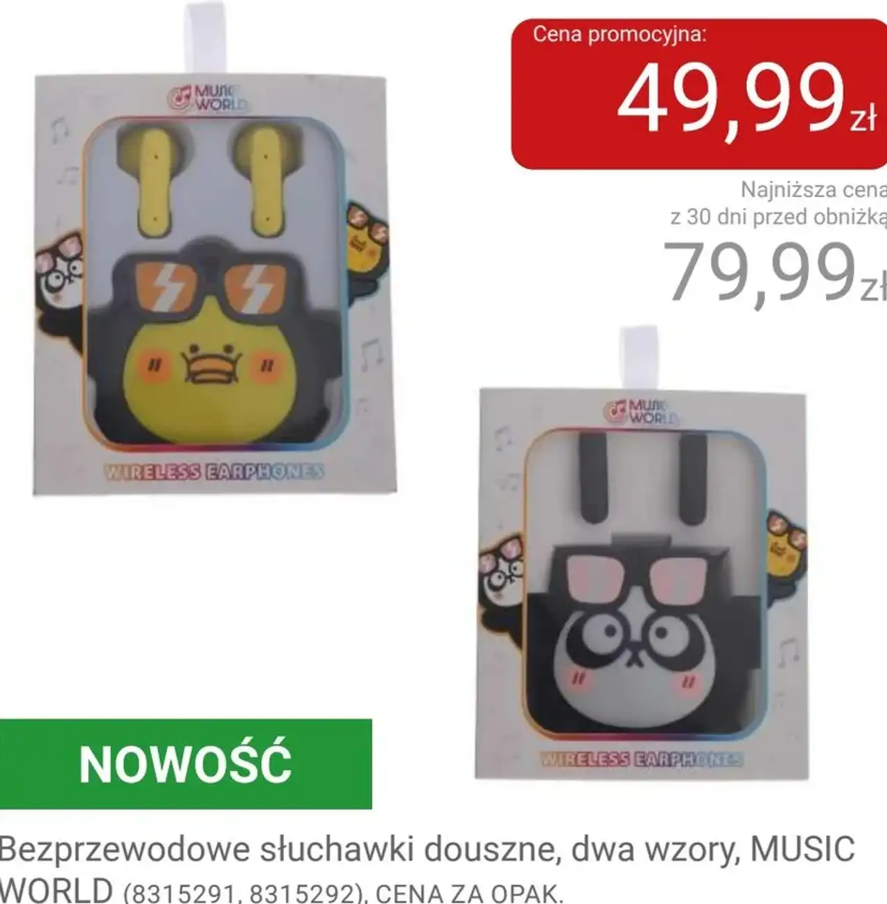 Bezprzewodowe słuchawki douszne, dwa wzory, MUSIC WORLD