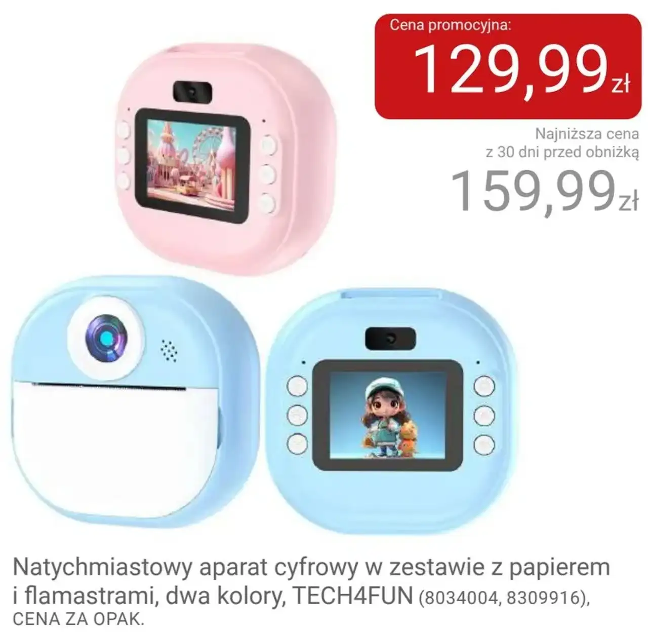Natychmiastowy aparat cyfrowy w zestawie z papierem i flamastrami, dwa kolory, TECH4FUN