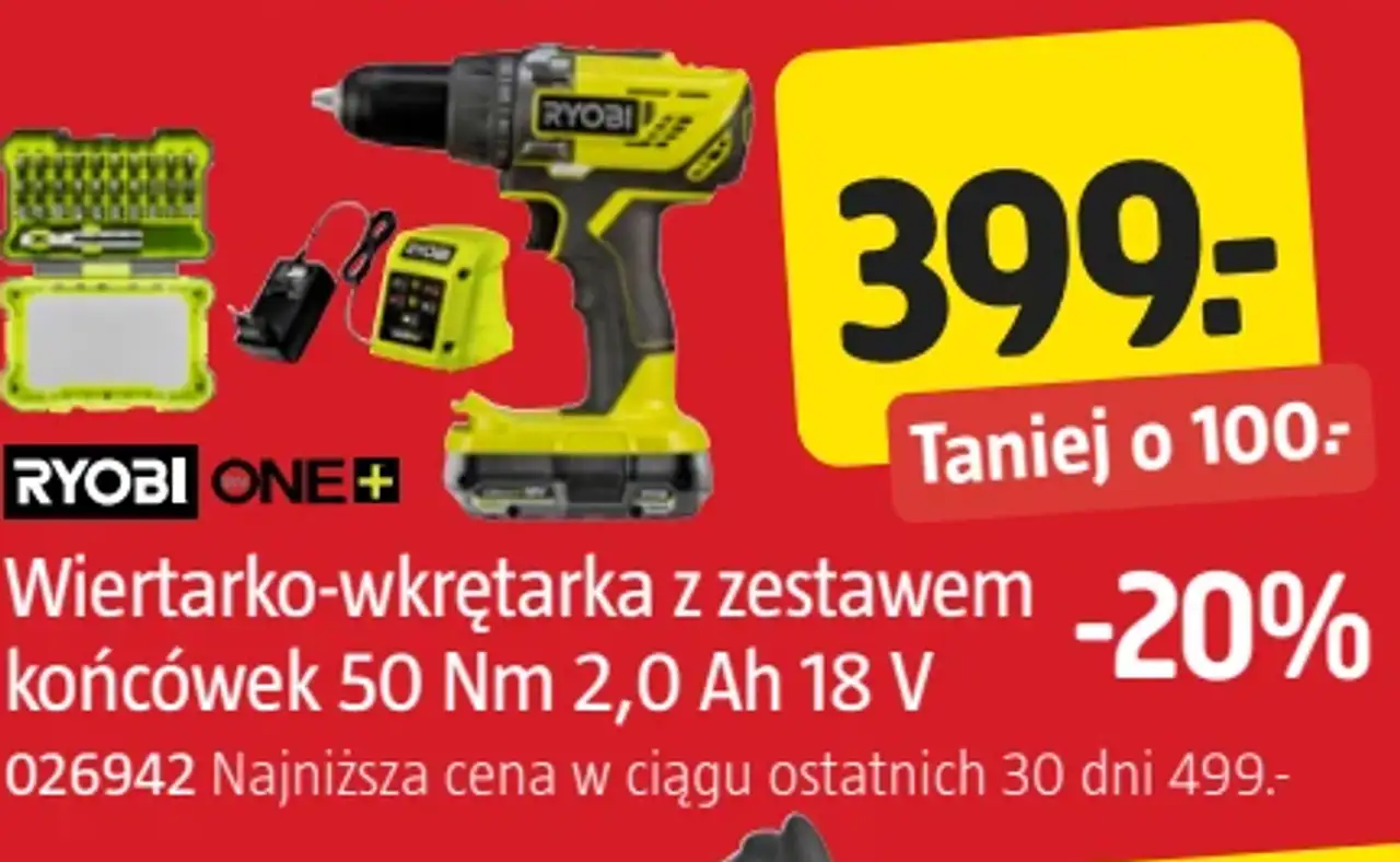 Ryobi One+ Wiertarko-wkrętarka z zestawem końcówek 50 Nm 2,0 Ah 18 V