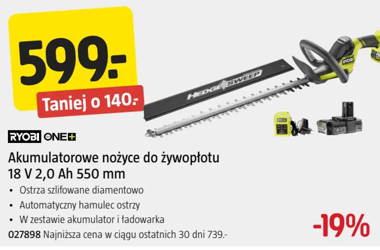 Akumulatorowe nożyce do żywopłotu 18 V 2,0 Ah 550 mm RYOBI ONE+