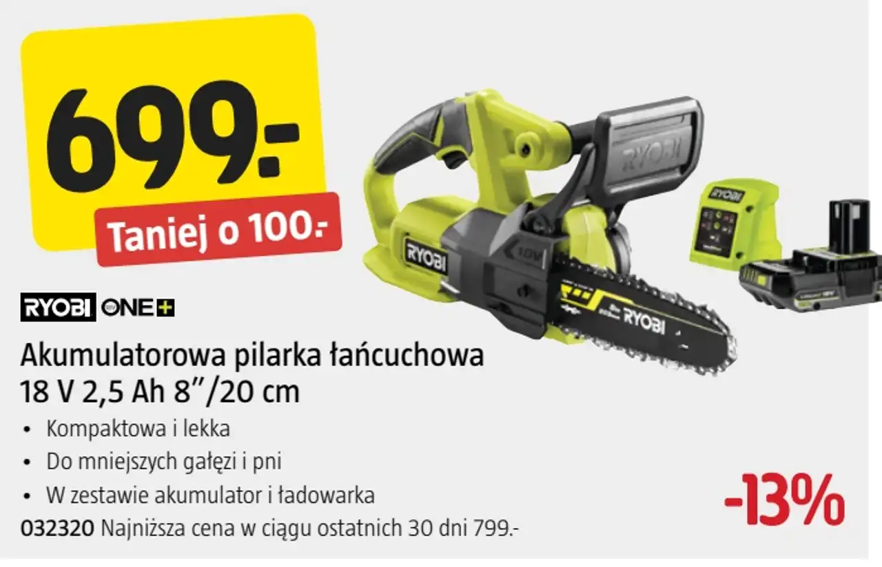 Akumulatorowa pilarka łańcuchowa 18 V 2,5 Ah 8"/20 cm RYOBI ONE+