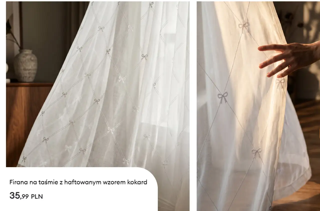 Firana na taśmie z haftowanym wzorem kokard