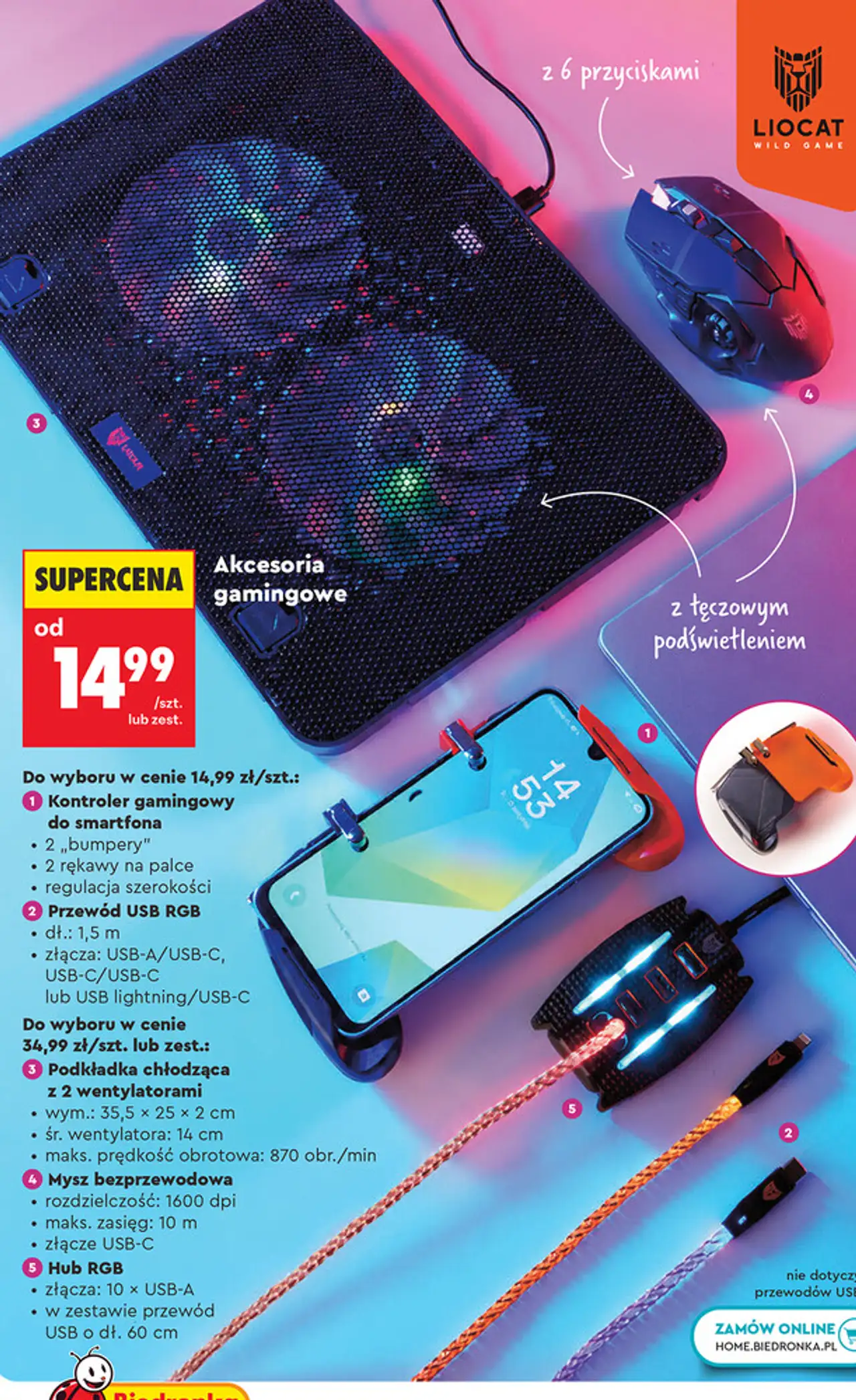 Akcesoria gamingowe Liocat (Kontroler gamingowy, Przewód USB RGB, Hub RGB, podkładka chłodząca, mysz bezprzewodowa)