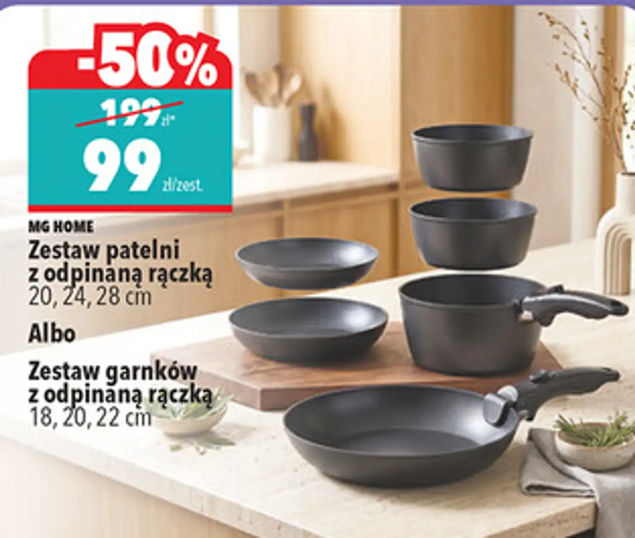 Zestaw patelni z odpinaną rączką lub Zestaw garnków z odpinaną rączką MG Home