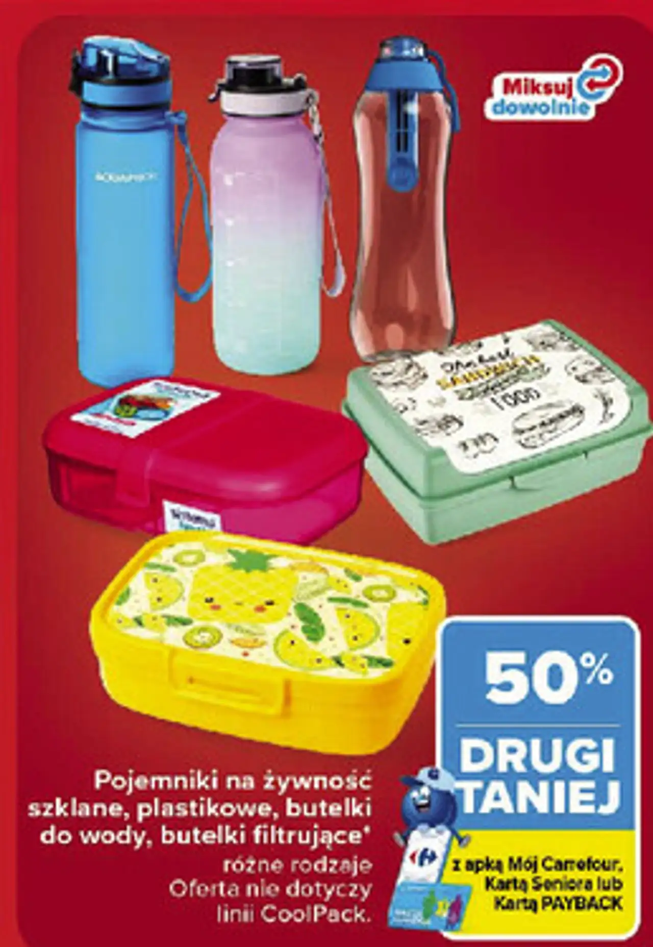Pojemniki na żywność szklane, plastikowe, butelki do wody, butelki filtrujące