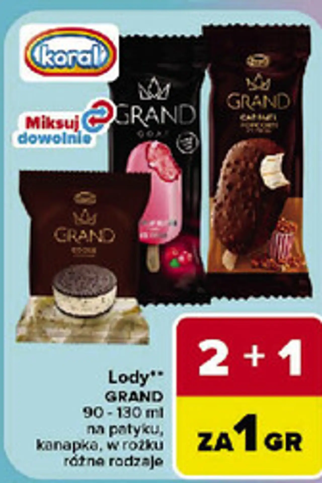 Lody Grand na patyku, kanapka, w rożku