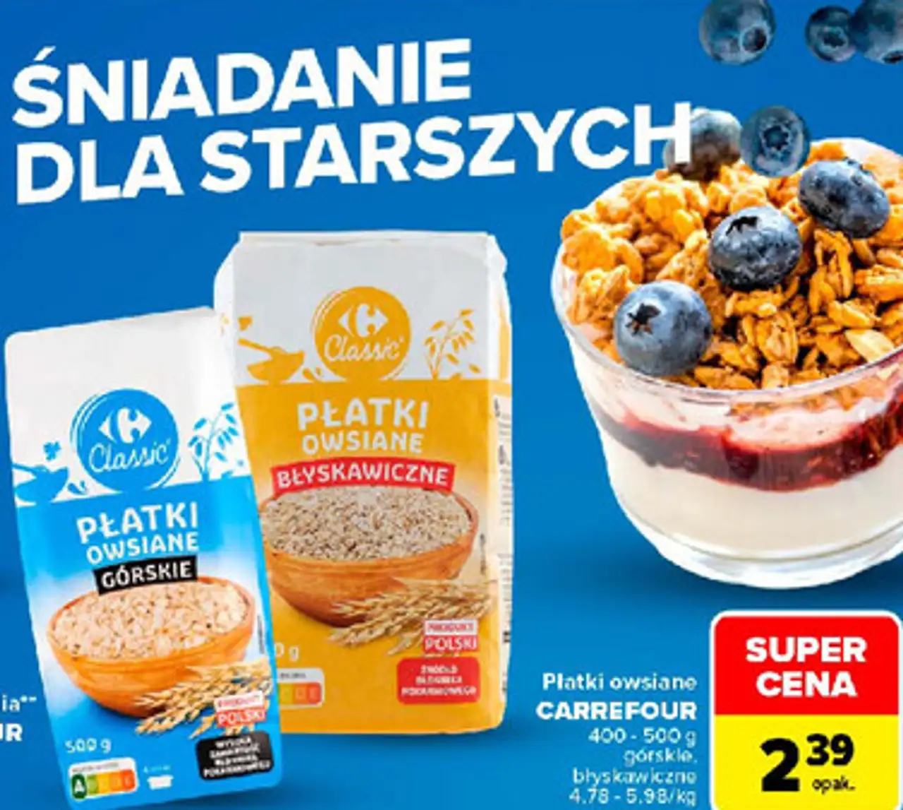 Płatki owsiane CARREFOUR górskie, błyskawiczne 400 - 500 g