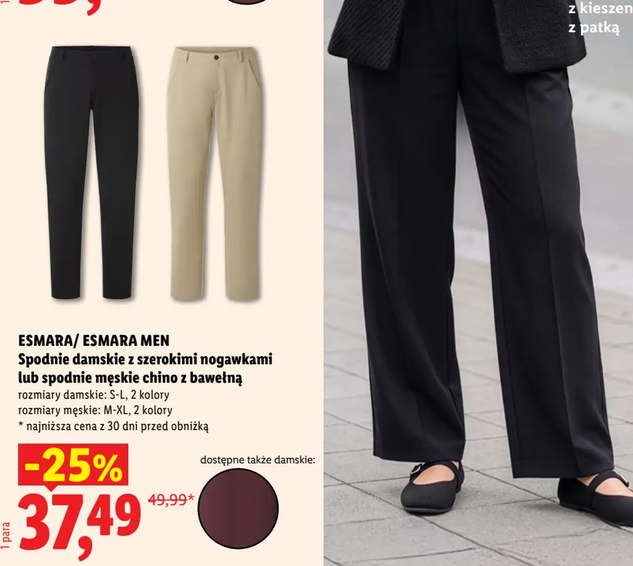 ESMARA/ ESMARA MEN Spodnie damskie z szerokimi nogawkami lub spodnie męskie chino z bawełną
