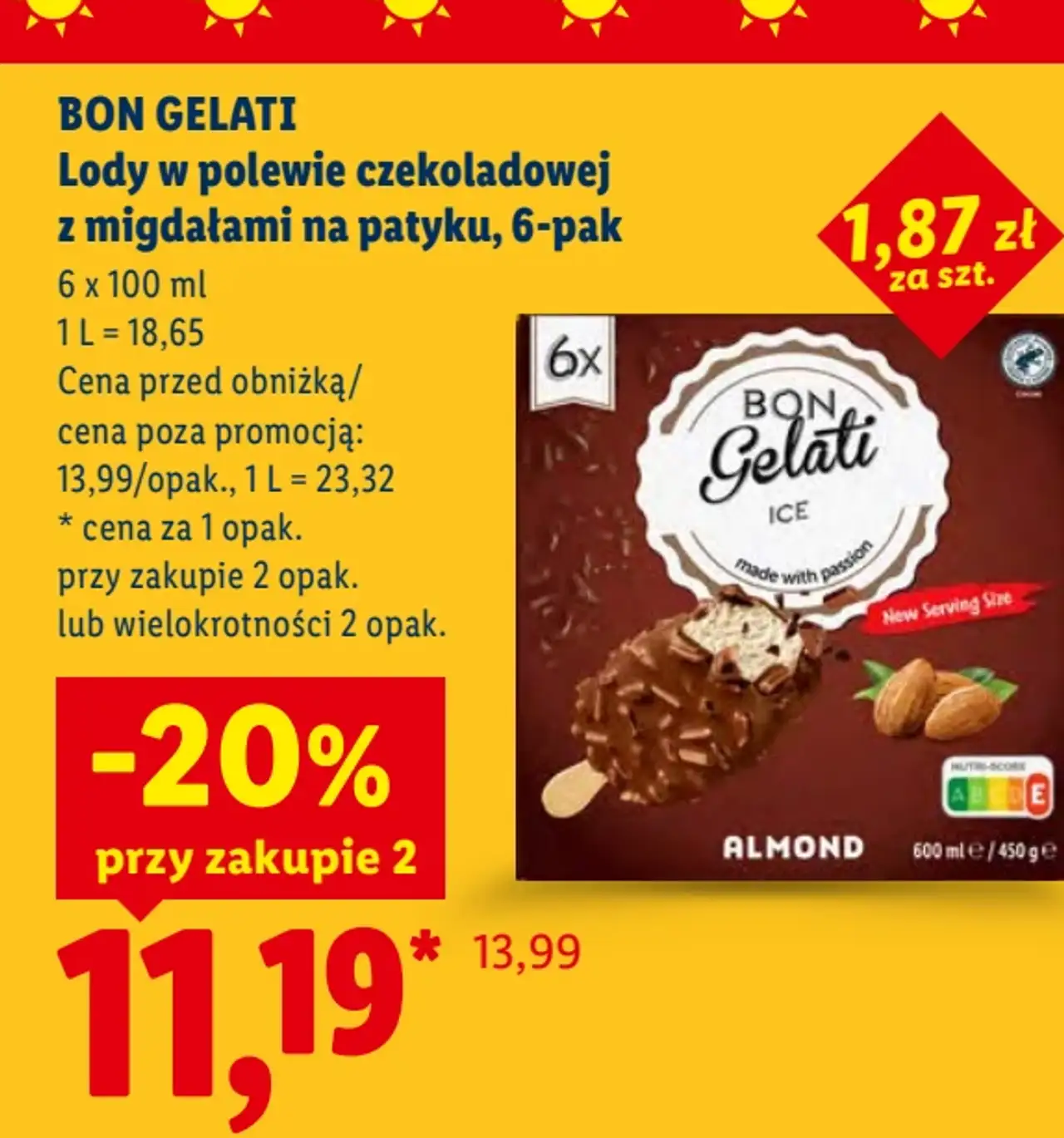 BON GELATI Lody w polewie czekoladowej z migdałami na patyku, 6-pak