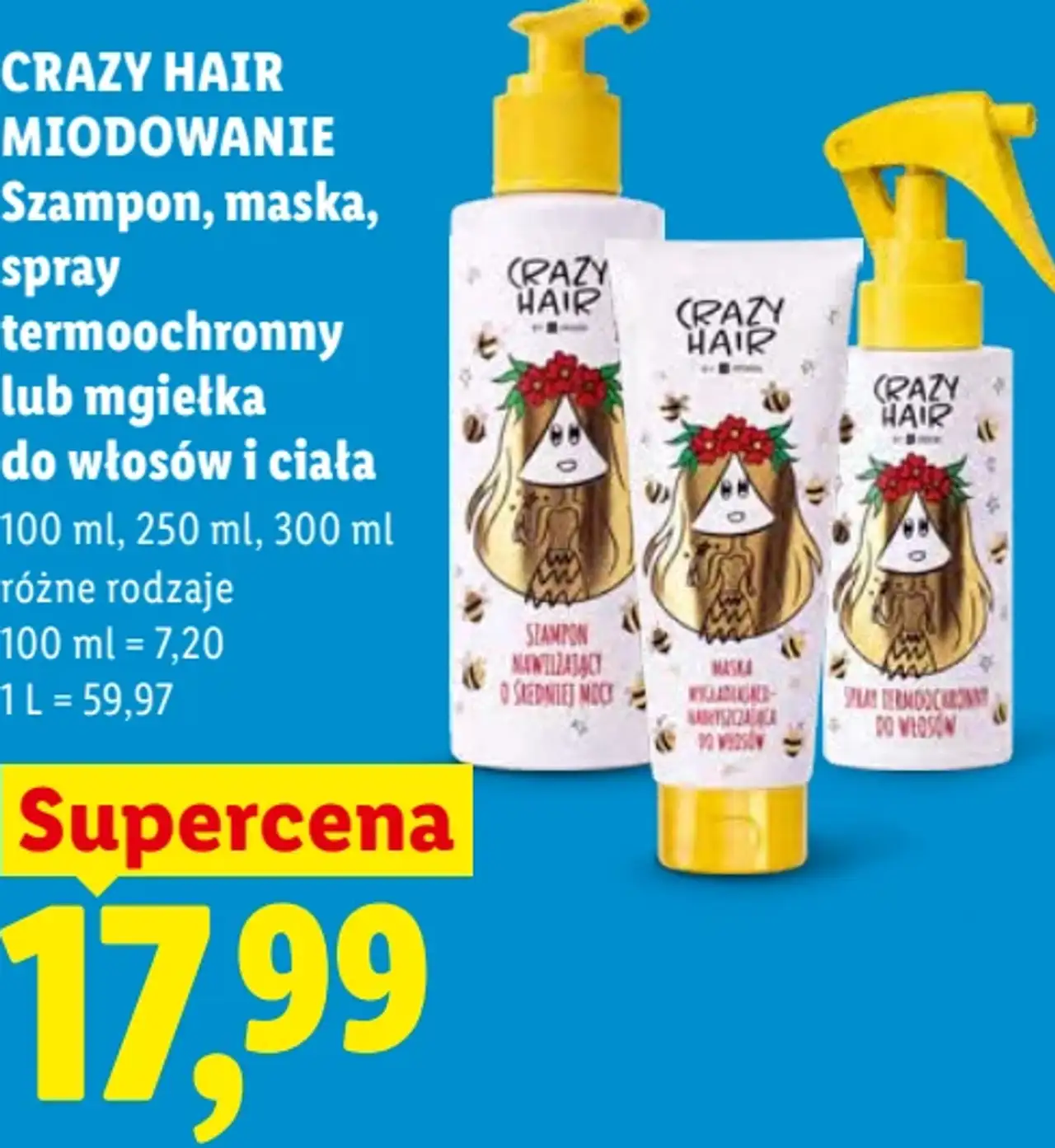 CRAZY HAIR MIODOWANIE Szampon, maska, spray termoochronny lub mgiełka do włosów i ciała