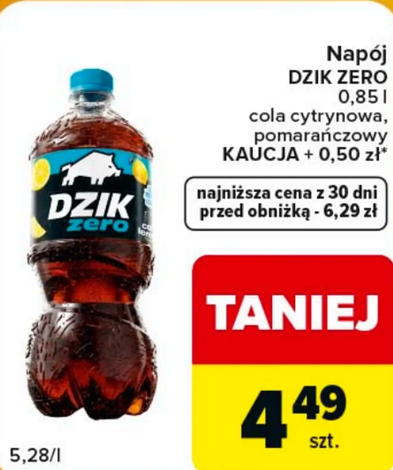 Napój DZIK ZERO cola cytrynowa, pomarańczowy