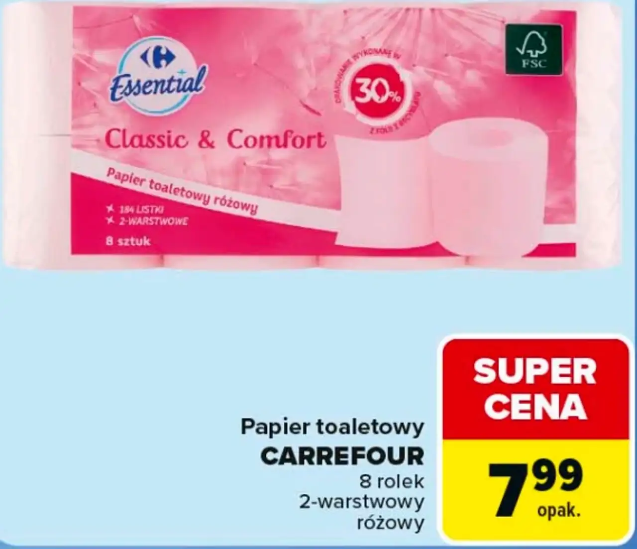 Papier toaletowy CARREFOUR 8 rolek 2-warstwowy różowy