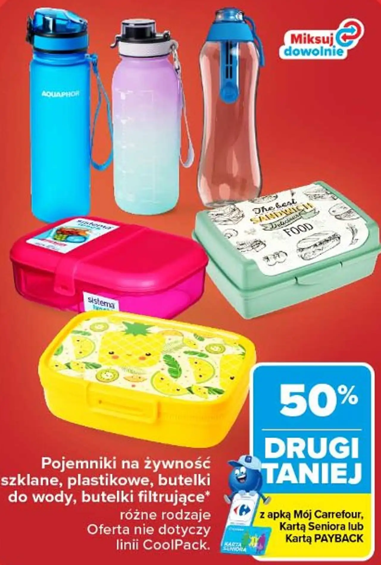 Pojemniki na żywność szklane, plastikowe, butelki do wody, butelki filtrujące